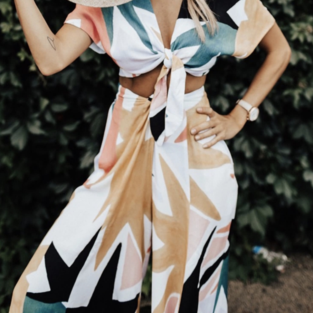 Tropical Crop Top Wide Leg Pants Set